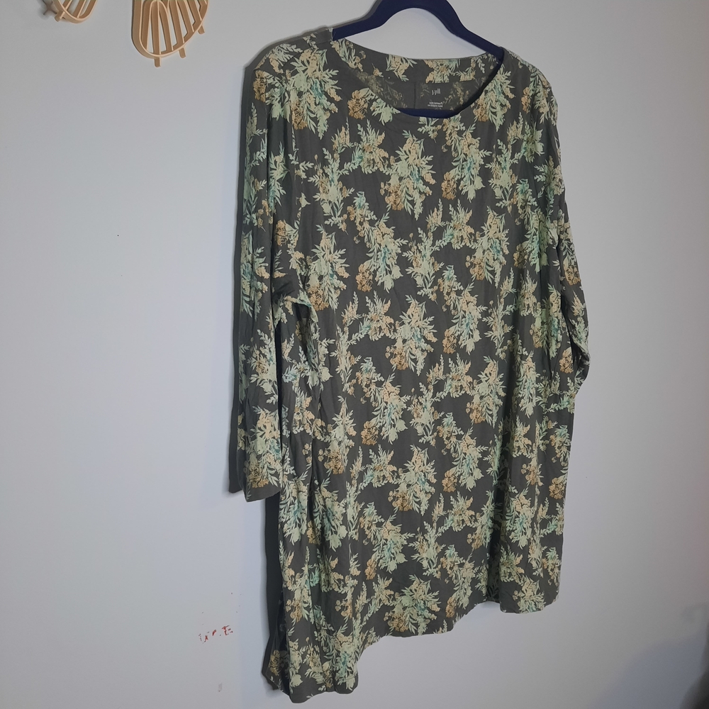 J. Jill Olive Green Floral 3/4 Sleeve Tunic with Mint and Tan Blooms